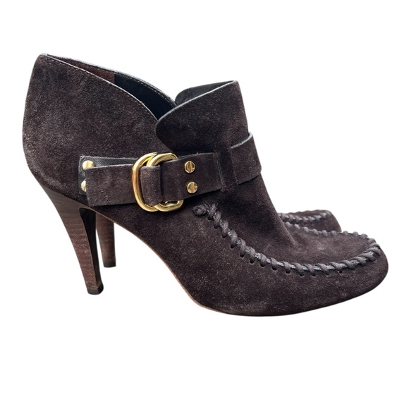 TORY BURCH Belen Suede Ankle Stiletto Booties Brown Buckle Women’s Size 10.5 - Picture 10 of 11